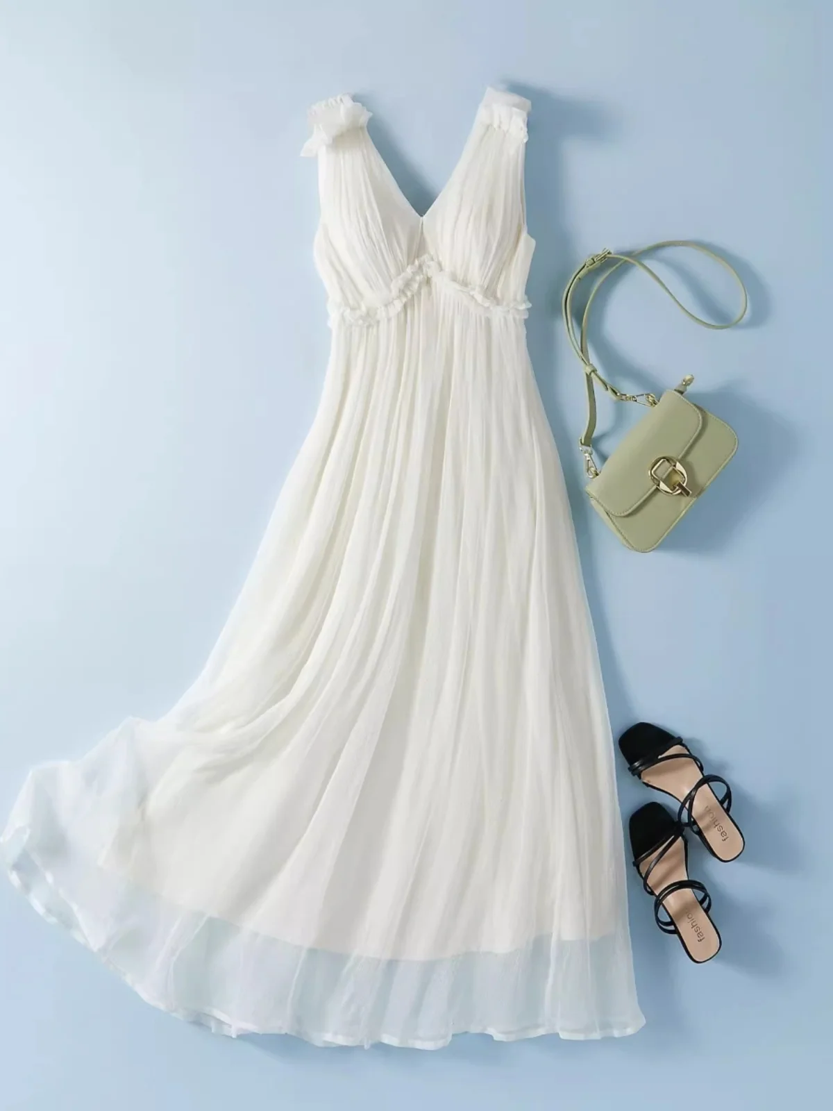

Элегантное белое шелковое платье без рукавов с V-образным вырезом для женщин, летнее пляжное платье на бретельках, длинное шелковое платье для города и повседневной носки
