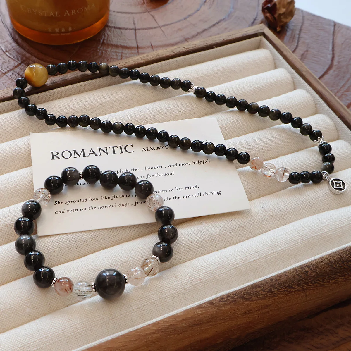 Natural Obsidian Tiger Eye Black Super 7 Crystal Beaded Bracelet for Women Vintage Coin Charm Double Loop Elastic Bangle Jewelry