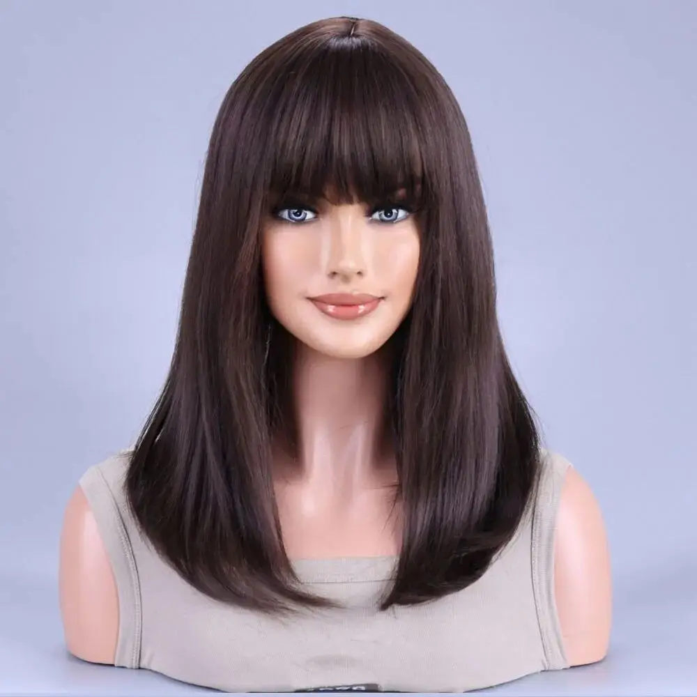 Bla Brown Middle Long Straight Synthetic Wig with Bangs Casual Ele Women's Hairpiece for Autumn Season
