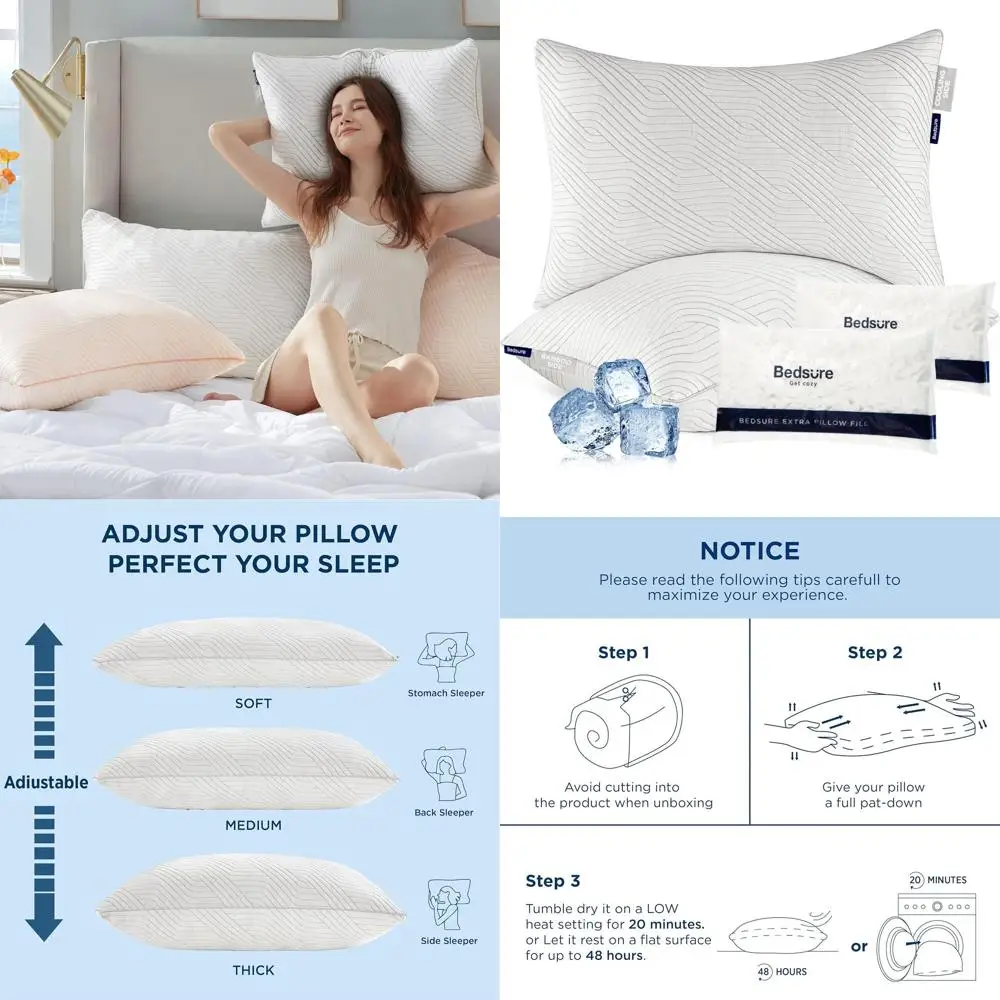 

Комплект из 2 подушек King Size, регулируемая жесткость, охлаждающие двусторонние чехлы из бамбукового вискозного волокна, для сна на боку и на спине