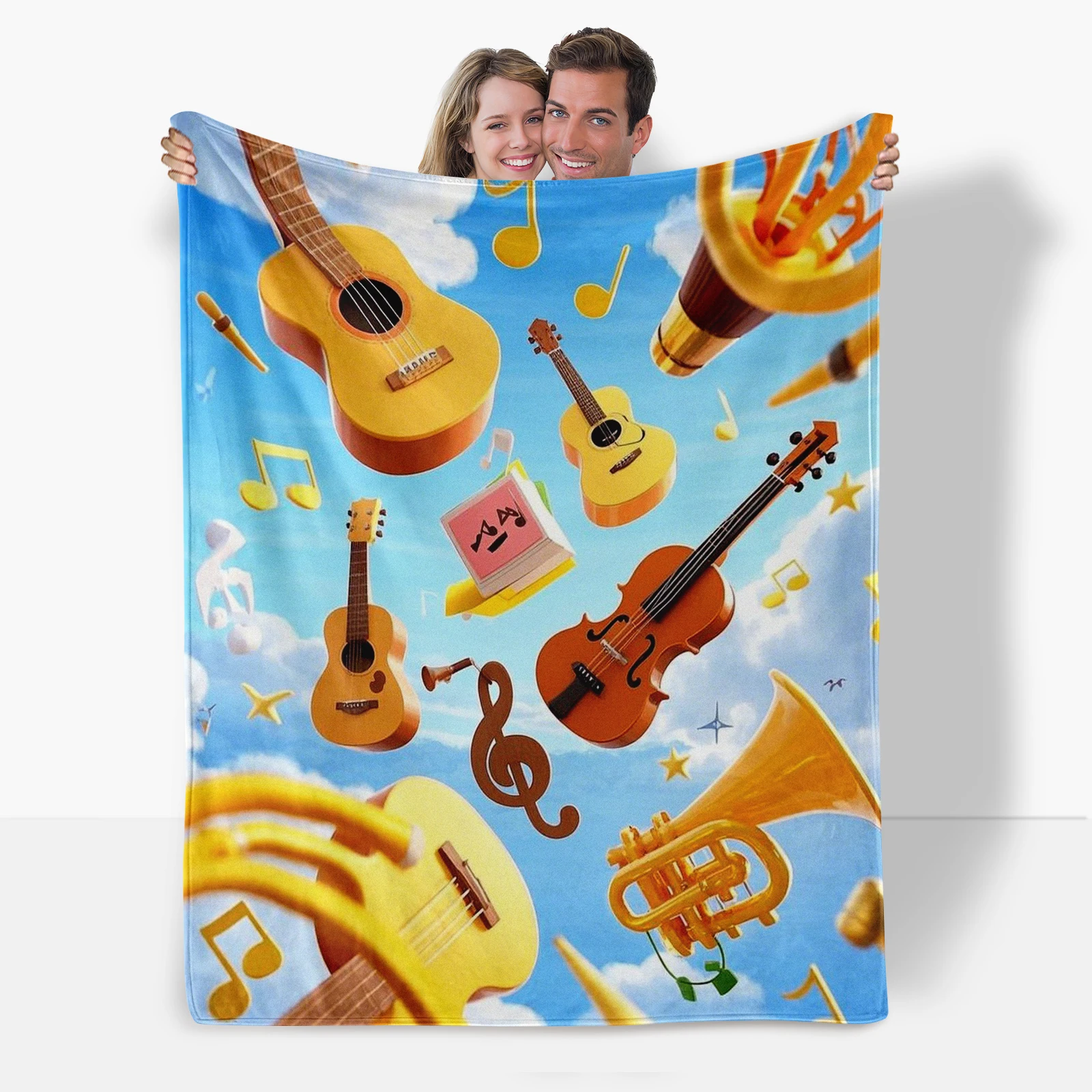 Cartoon Instruments Blanket Featuring Guitar And Cello, Perfect For Family, Friends Or Kids. Add Musical Charm To Your Home.