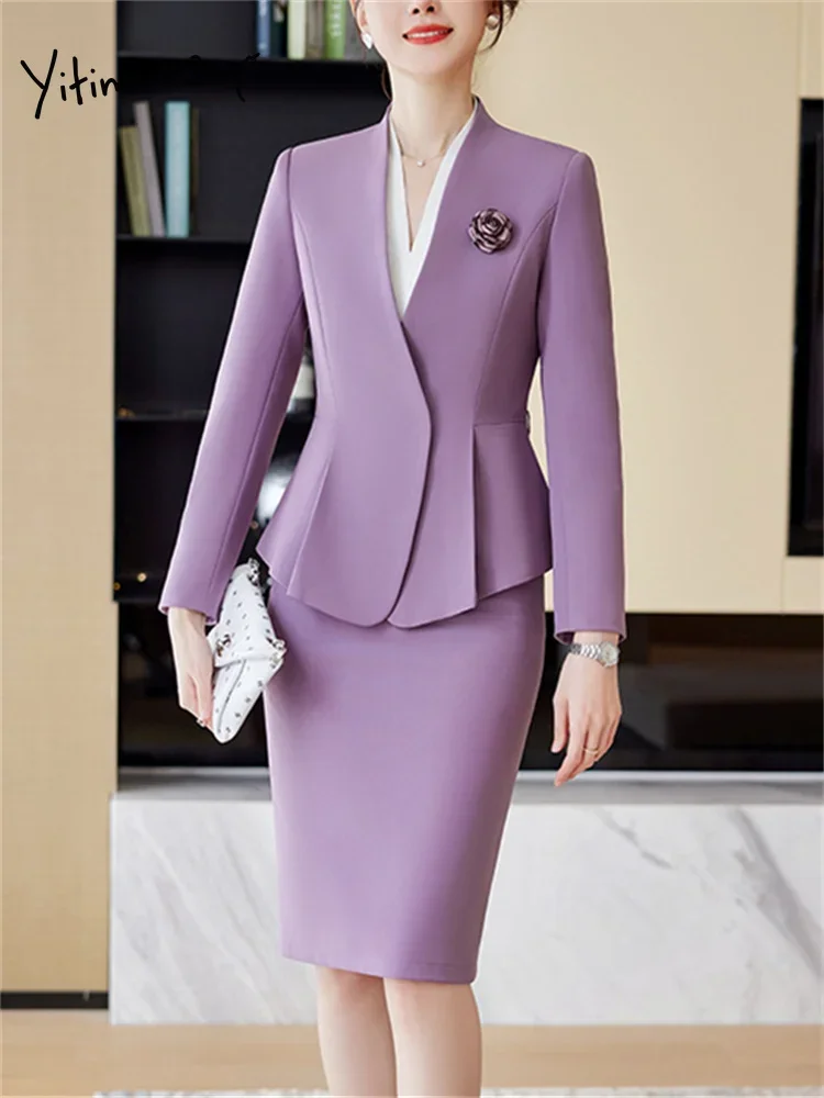 Yitimuceng Slim 2 Piece Blazer and Skirt 2023 New Fashion Office Ladies V Neck Long Sleeve Blazers Elegant Solid Skirt Suits