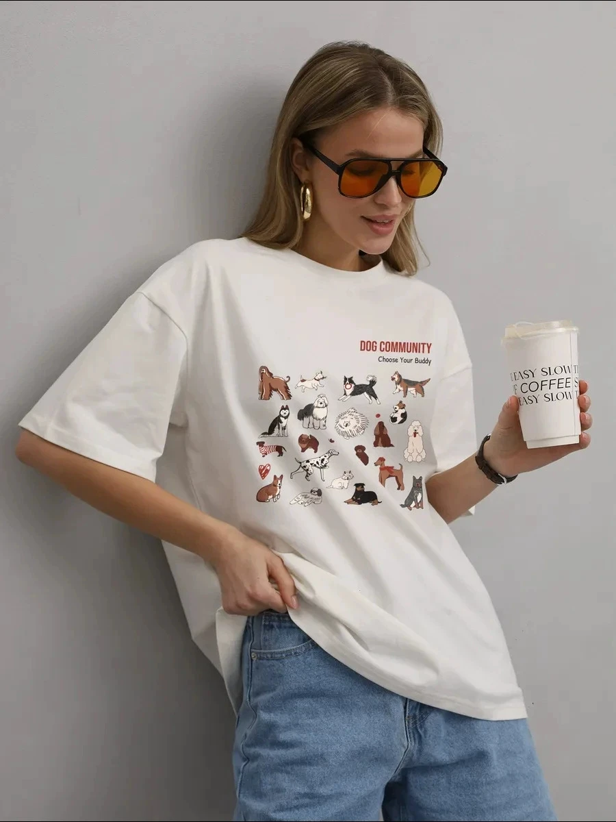 패셔너블한 면 티셔츠 라운드 넥 프린트 레터 캐주얼 루즈 여성용 탑 땀 흡수 여름 출퇴근용