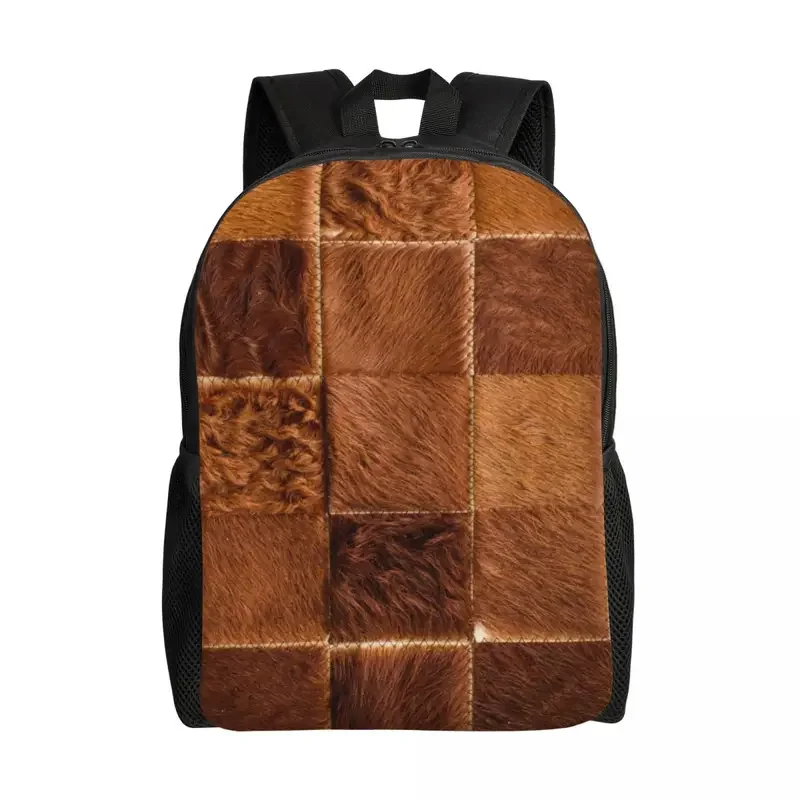 Brown Checkered Cowhide Patche Backpack School College Students Bookbag Fits 15 Inch Laptop Animal Fur Leather Texture Bags