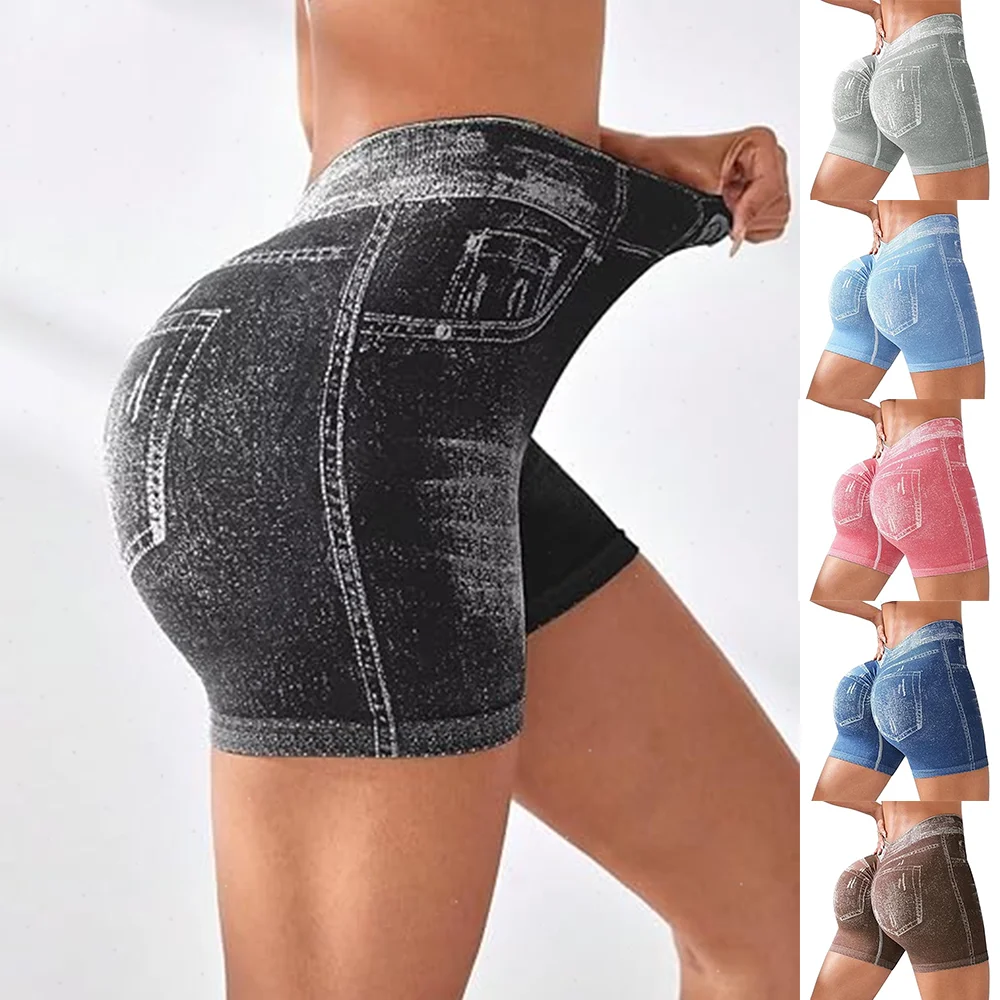 Scrunch Butt Lifting Shorts für Damen, Skinny Gym Fitness Sportshorts, Elastische Sport-Yoga-Leggings, V-Rücken Shorts, Faux Jeans