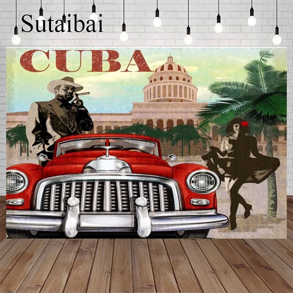 

Travel Cuba Havana Cigar 30s 40s Vintage Red Car Palm Trees Photography Backdrop Landscape Background