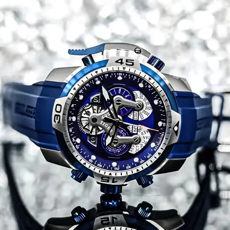 Reef Tiger/RT Montres de sport pour hommes avec cadran complicé Boîtier en or rose Montre militaire automatique avec bracelet en