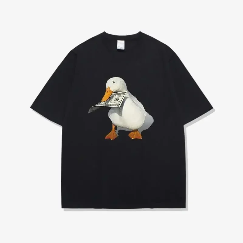 2024 New Trend Money Duck Pure Cotton T-shirt for Men and Women Instagram Loose Summer Design Couple American Half Sleeved Top