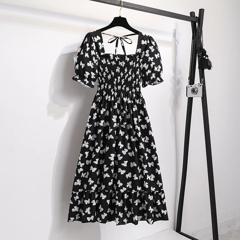 2023 봄 여름 짧은 소매 캐주얼 드레스 여성 탄성 허리 Pleated Backless 쉬폰 드레스 여성 미디 드레스 Vestidos