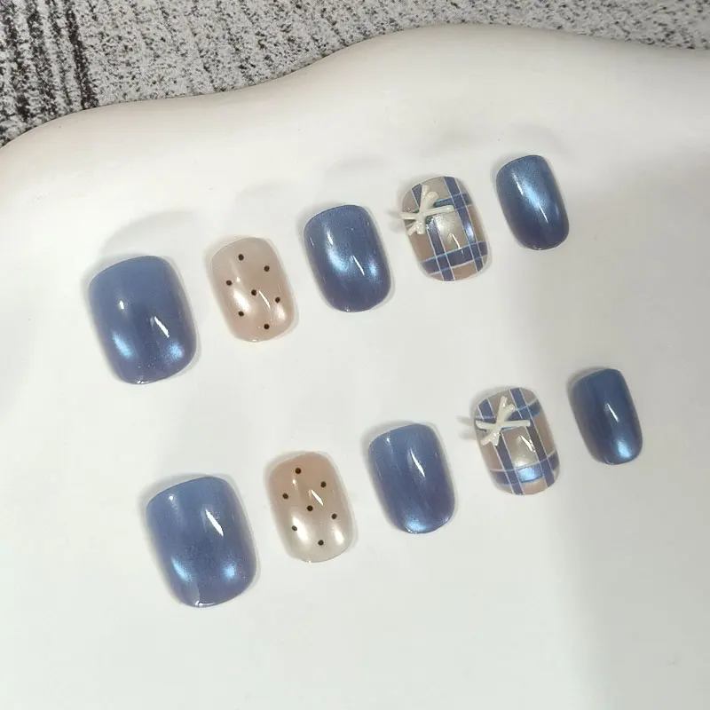10pcs Korean Handmade Press on Nails Pink and White Star Blue Plaid Bow & Polka Dot Reusable Y2k Fake Nails Tips False Nails