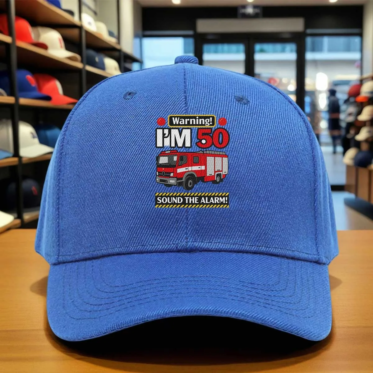 Warning I'm 50 Sound The Alarm Fire Truck Cap - 50th Birthday Gift Suitable for Celebrations & Parties, Adjustable Unisex Hat wi