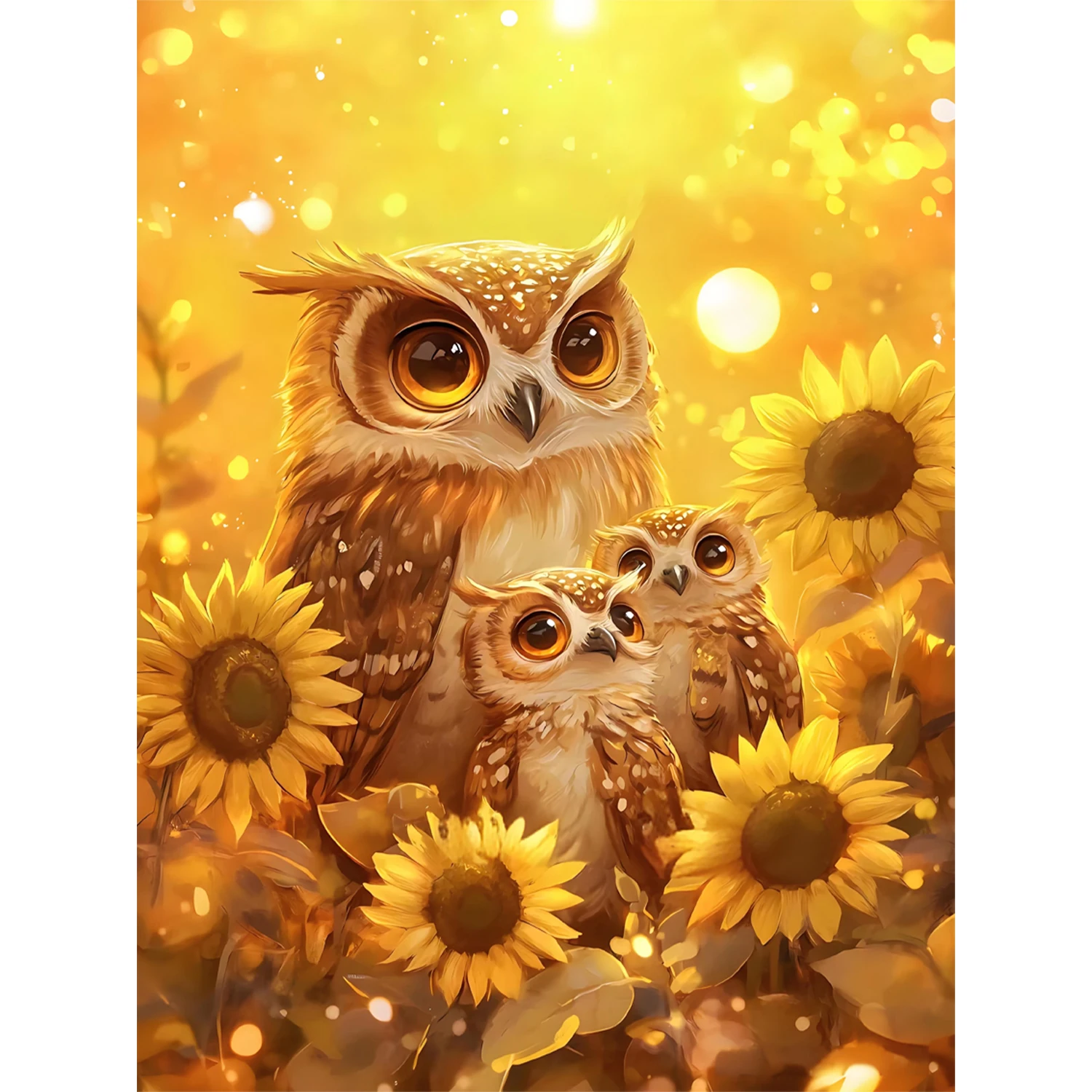Owl Family and Sunflower Pattern DIY Diamond Painting Kit, Frameless Full Diamond Art, Size 11.81x15.74 Inches