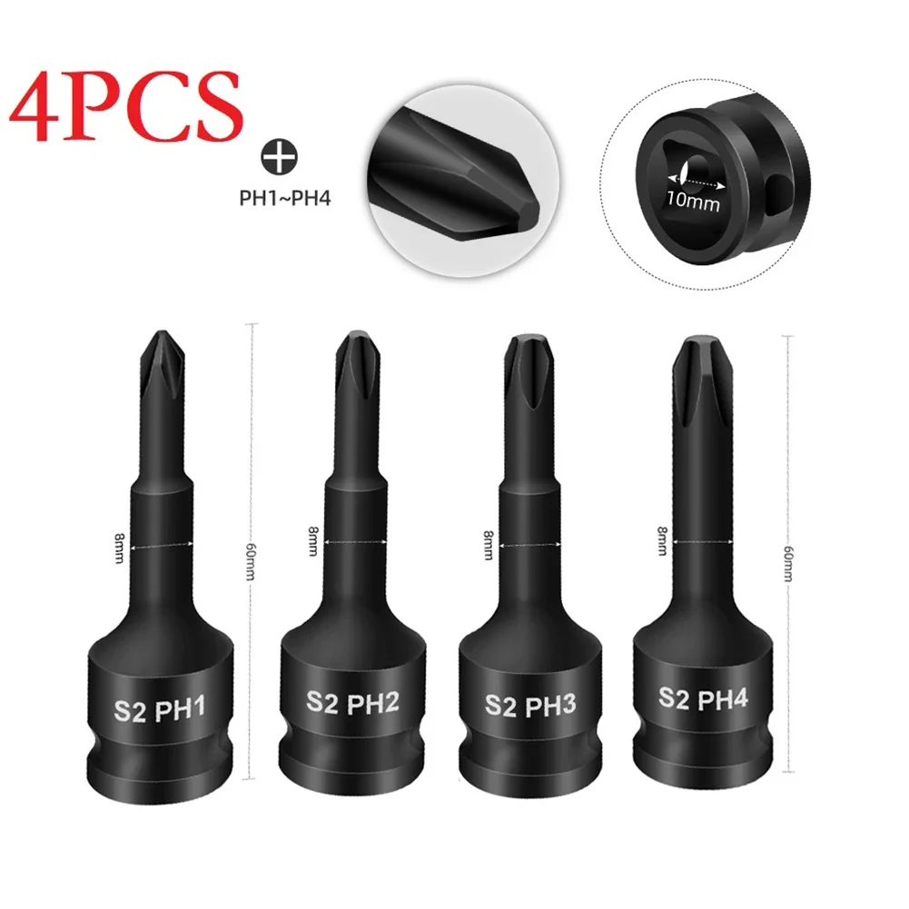 4Pcs 60mm Socket Adapter 3/8 Inch Square Head Wrench Corss Screwdriver Bit  Drive Socket Adapter Head PH1 PH2 PH3 PH4 Hand Tool