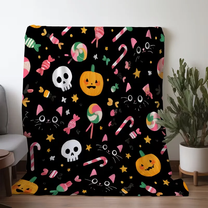 Cute Pink Halloween Pumpkin Ghost Eyeball Bat Print Blanket Kawaii Spooky Soft Warm Blanket All Season For Sofa Bedroom Decor