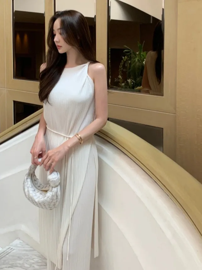 

Women's Svel Knot Strap Top And Long Pants Faion Set Casual Slimming Waist Design Side Split Versatile Cotton Blend