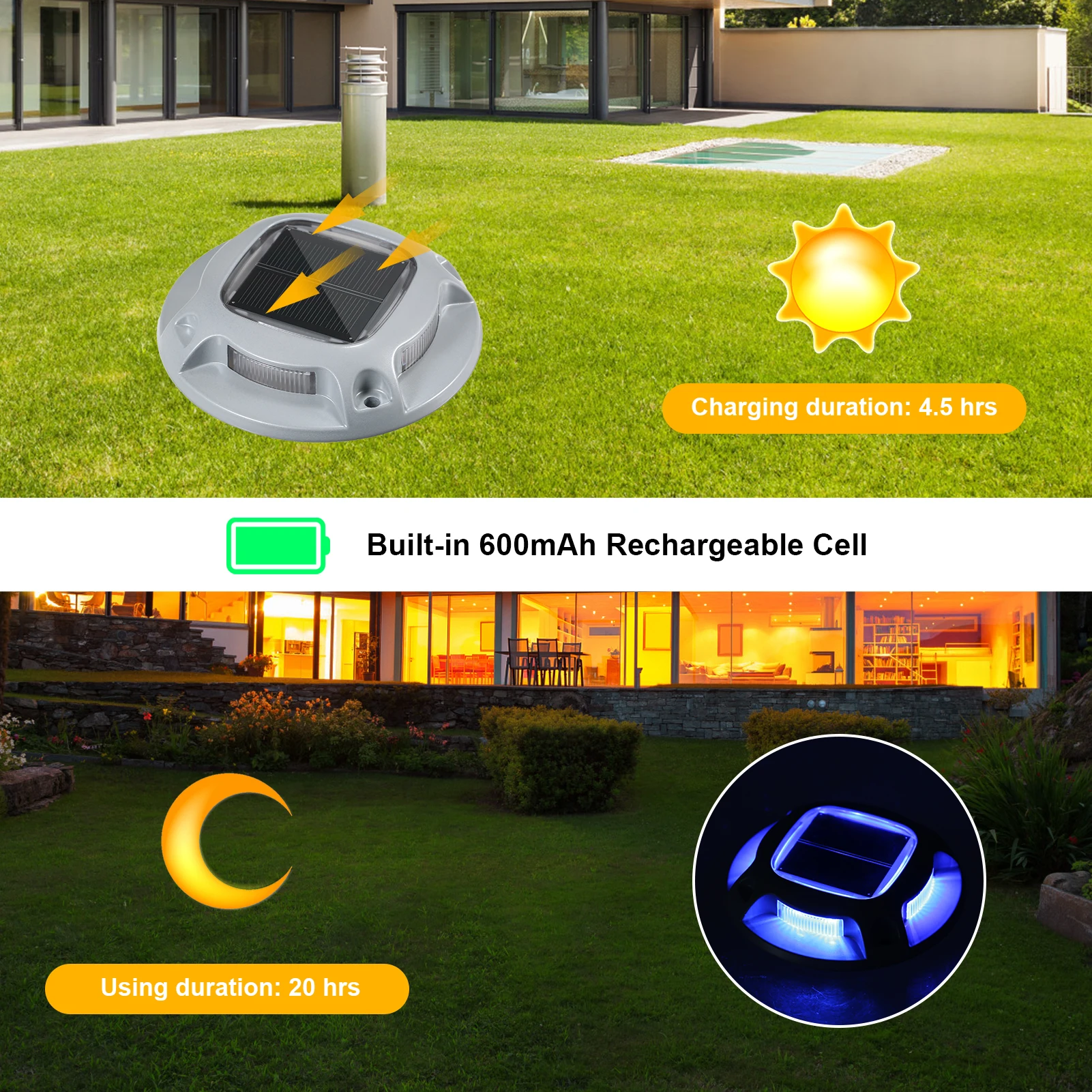 4PCS Solar Powered 8LEDs Ground Driveway Light Deck Lamp IP68 Waterproof Built-in 600mAh Rechargeable Cell Blue+White Switchable