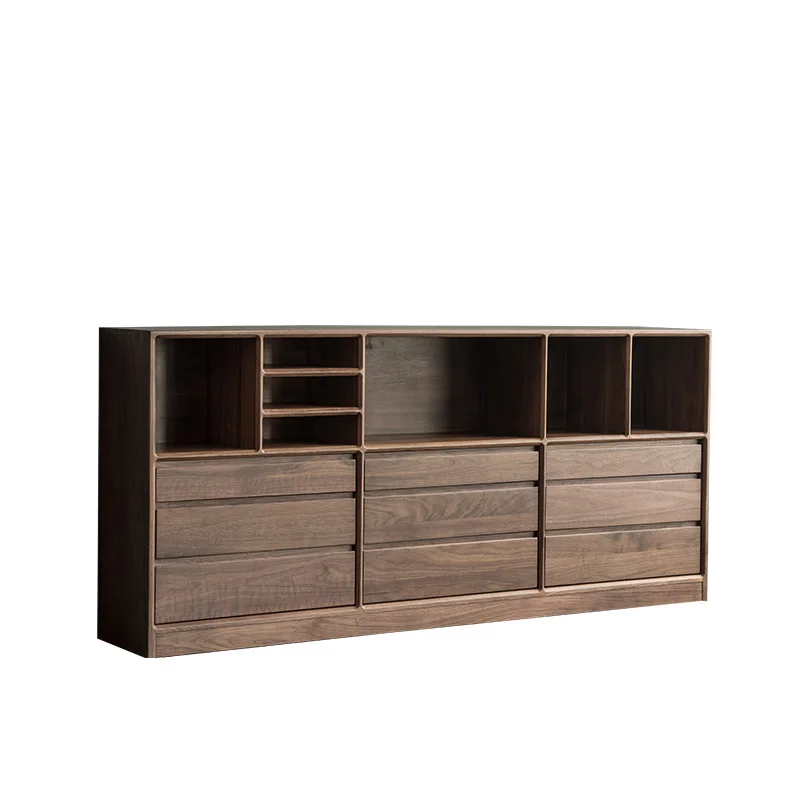 

North American black walnut short bookcase simple Japanese cherry wood floor combination bookshelf with storage