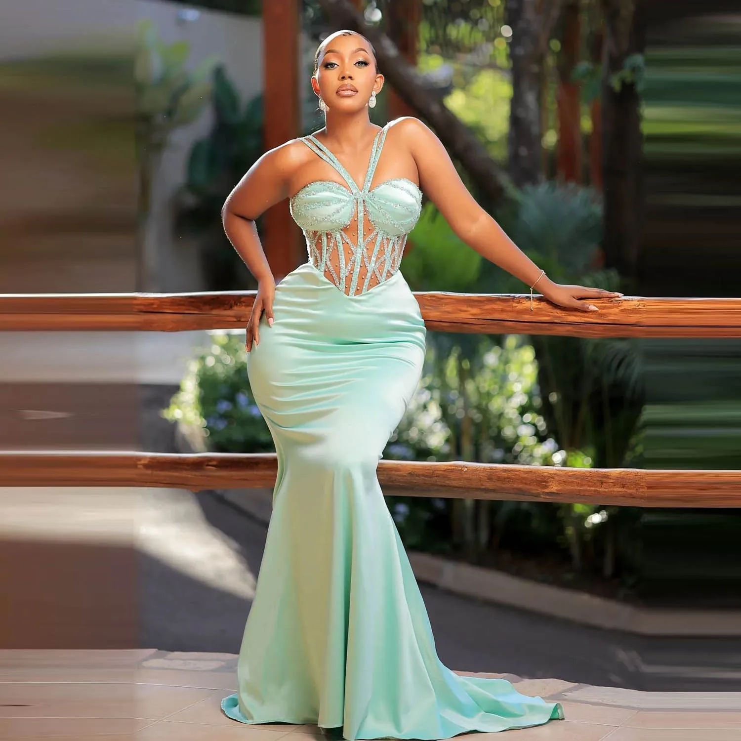 Mint Green Mermaid Evening Dresses With Detachable Bow Beads Appliques Sexy Plus Size Women Prom Dres Formal Gowns To Party