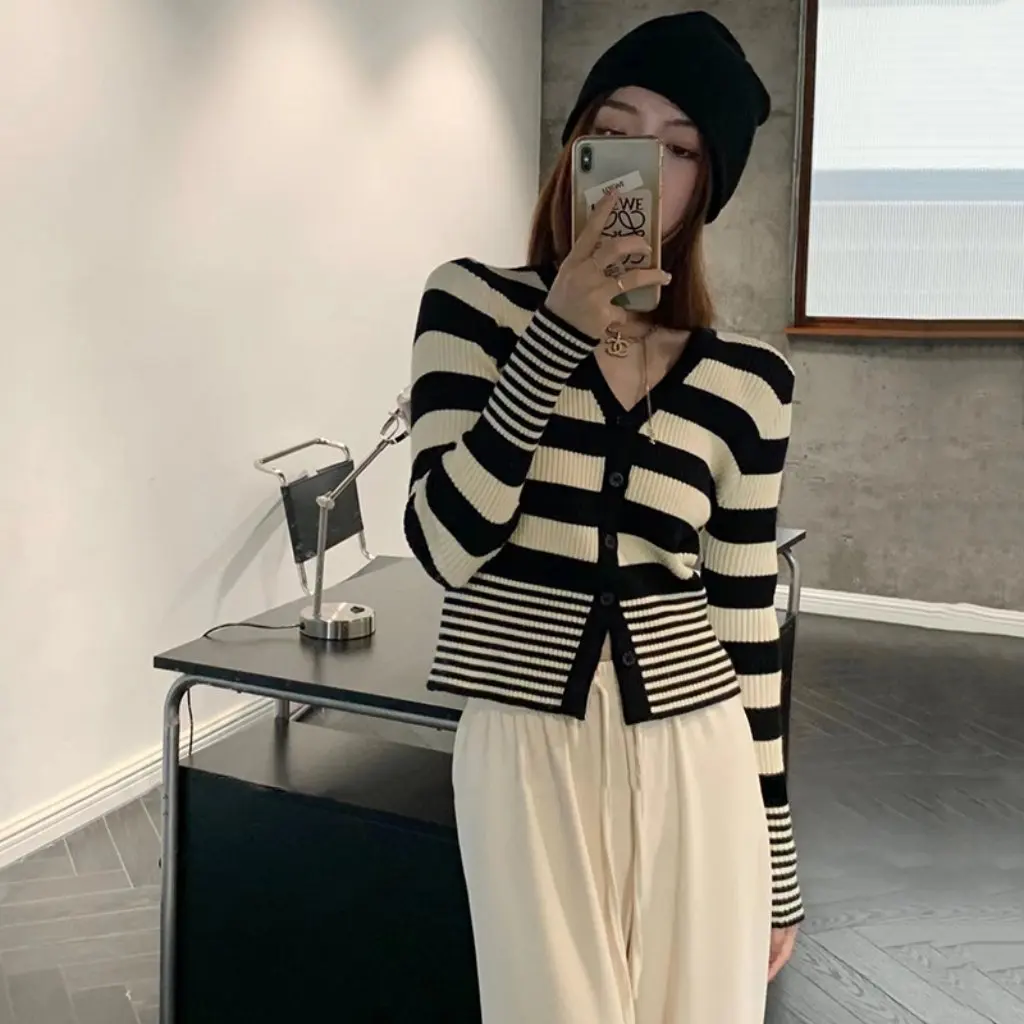 

Women's Striped V-Neck Knitted Shirt Slim Waist Short Style Inner Wear for Autumn Winter Niche Design Bottoming Top