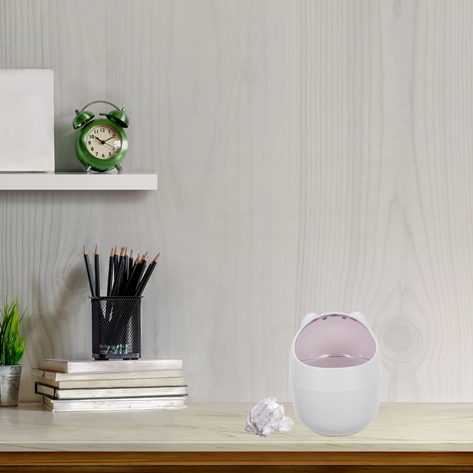 

Mini Trash Can White Cartoon Shake Cover Storage Bin Plastic Material Waste Container For Desk Home Office Use