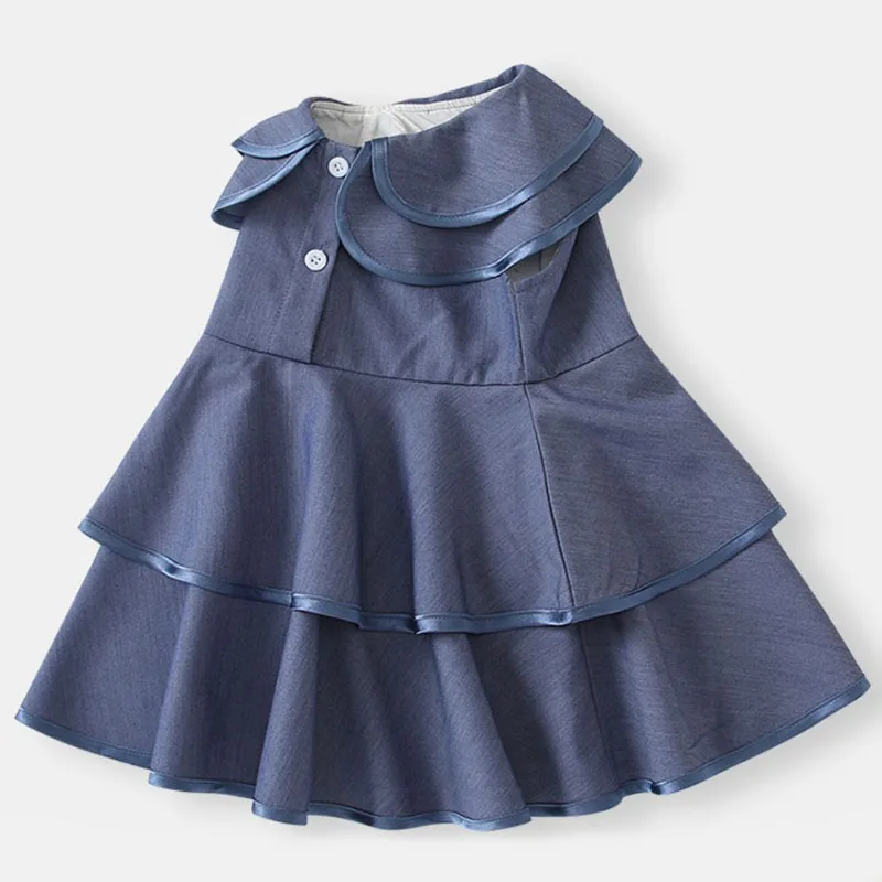 22025 Summer Girls Boutique Clothes Korean Fashion Cute Doll Collar Sleeveless Denim Blue Princess Kids Dress Baby Dresses B016