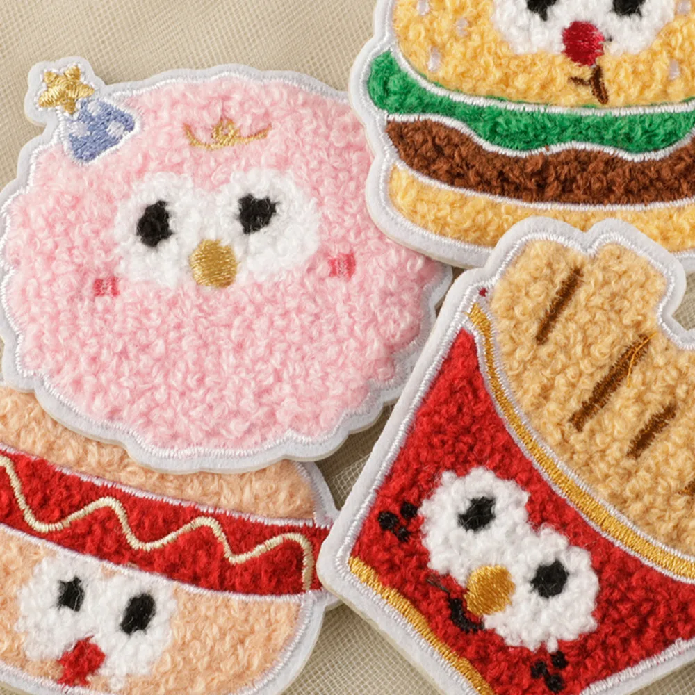 Stick on patch Cute towels embroidered cartoon burgers and french fries food embroidery patches cloth accessories self-adhesive