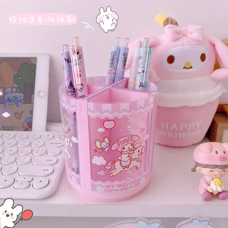 My Melody Cinnamoroll Kawaii Girly Heart Rotating Division Pen Holder Anime Sanrioed Cute Desktop Plastic Debris Bucket