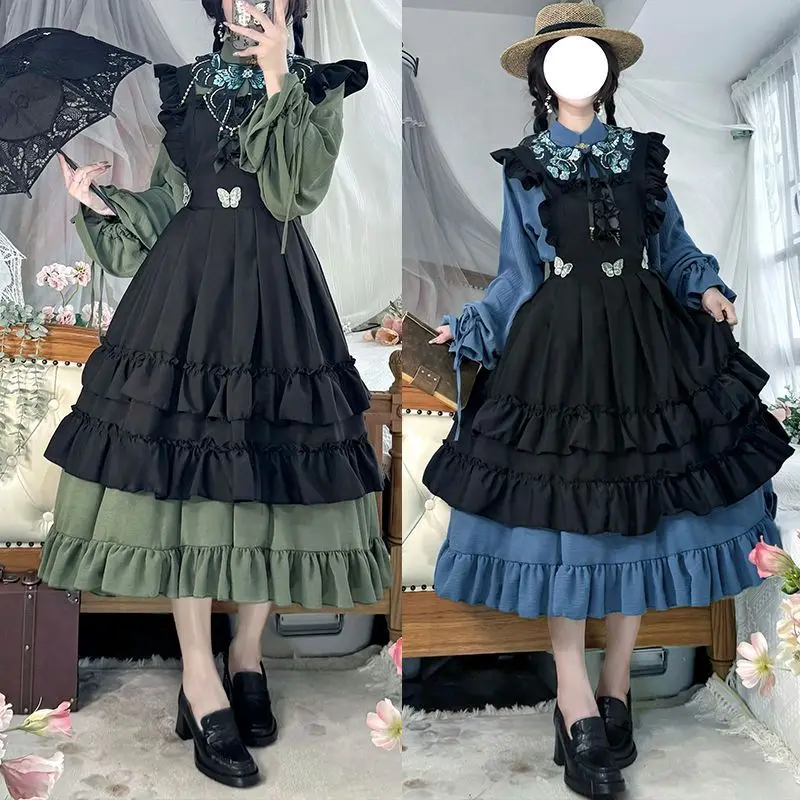 Chinese Ming Dynasty Hanfu Dress Lolita Style Set Vintage Embroidery Long Sleeve Dress Suit Autumn Winter Cosplay Daily Wear