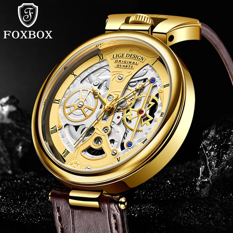 Jam Tangan Pria Baru Jam Tangan Bisnis Kelas Atas Desain Kreatif Berongga Jam Tangan Kuarsa Modis Pria Tali Kulit Tahan Air Trendi