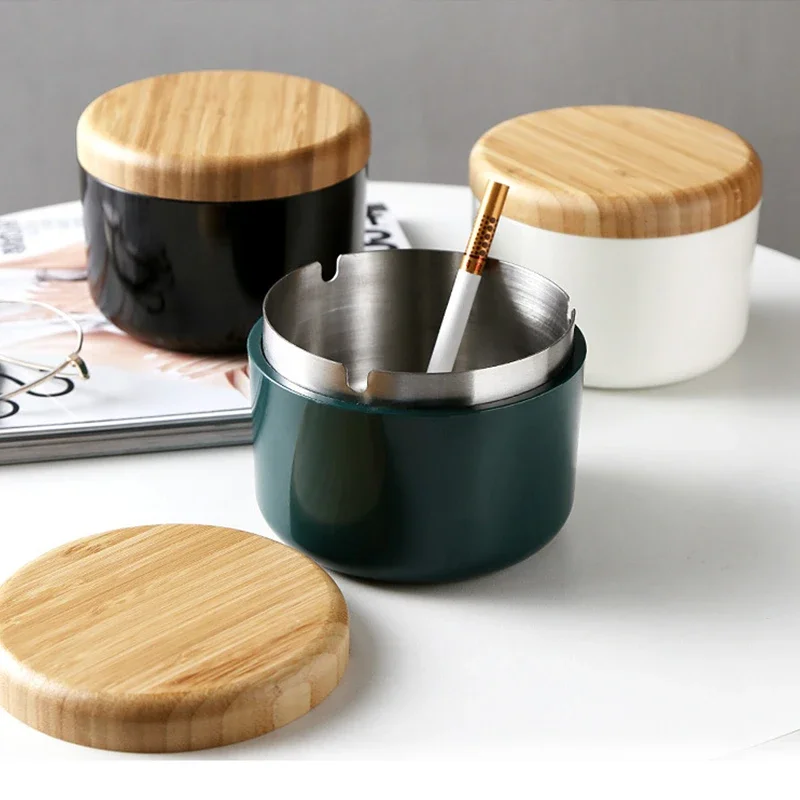 Creative Desktop Ashtray with Wooden Lid Stainless Steel Windproof Detachable Ashtray for Home Office Decor Smoking Accessories