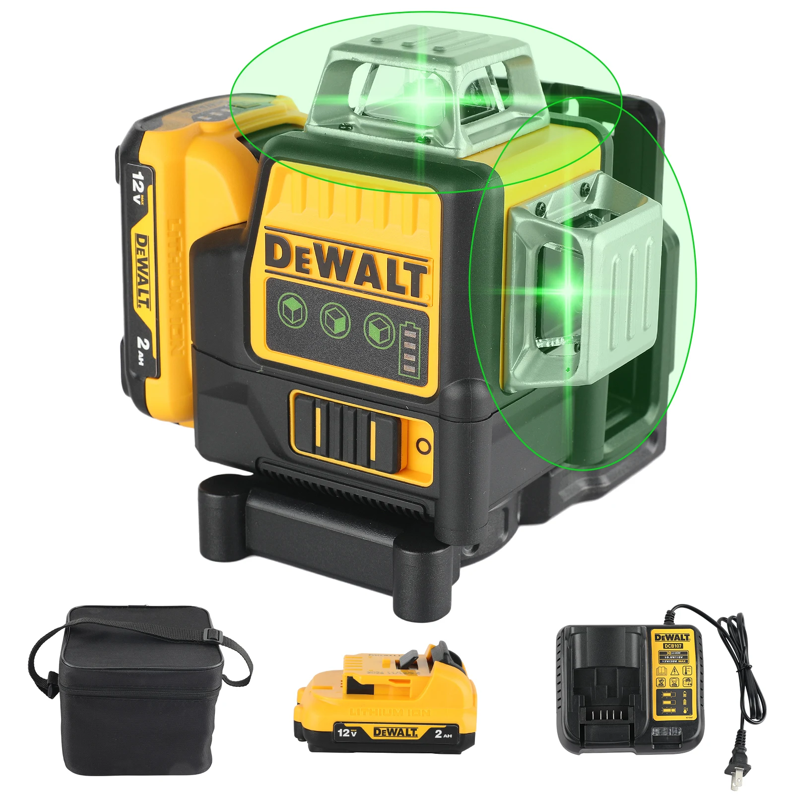 Dewalt DW089LG 3 lados * bateria de lítio de 360 graus vertical 12V 12 linhas nível laser medidor de nível de luz verde horizontal