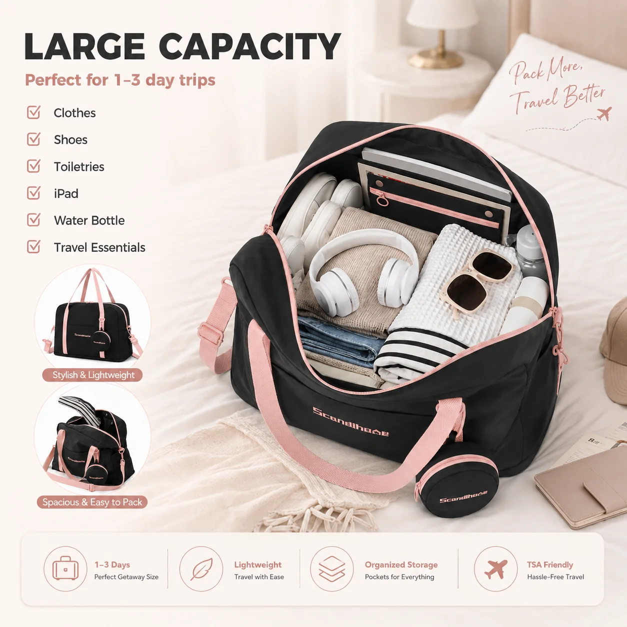 Expandable Weekender Bag for Women Waterproof Travel Duffel Bag Carry On Overnight Gym Bag with Trolley Sleeve Shoulder Strap