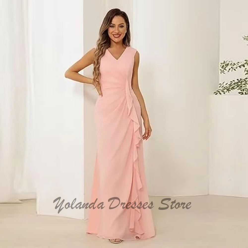 Simple V Neck Mother of The Bride Dresses Zipper Back Chiffon Formal Evening Gown Floor Length Sleeveless Pleated Mermaid 2025