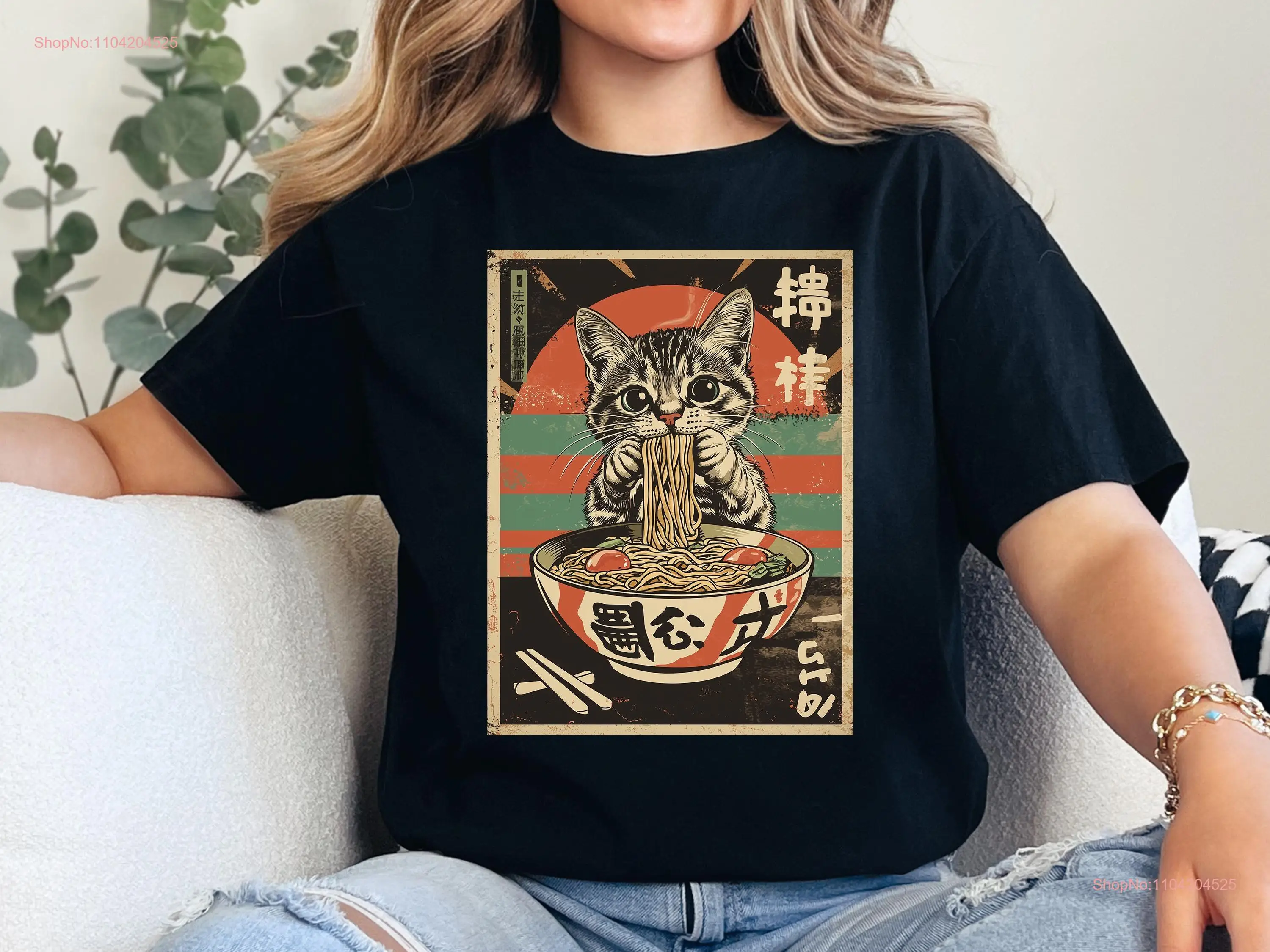 Camiseta de gato Ramen japonés ArT Lover estética Kawaii Vintage Noodle mangas largas o cortas