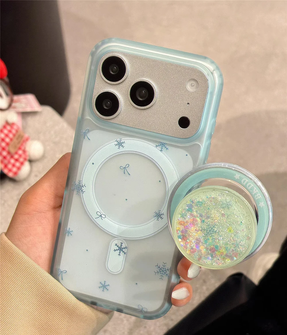 

Cute Quicksand Snowflake Magnetic Grip Tok Wireless Charge Phone Case for iPhone 14 15 16 17 Pro Max Wallet Cover for Magsafe
