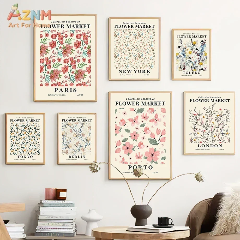 AZNM Flower Market City Botanical Canvas Wall Art, Vintage Paris London Floral Typography Aesthetic Bedroom Home Wall Decor Unfr