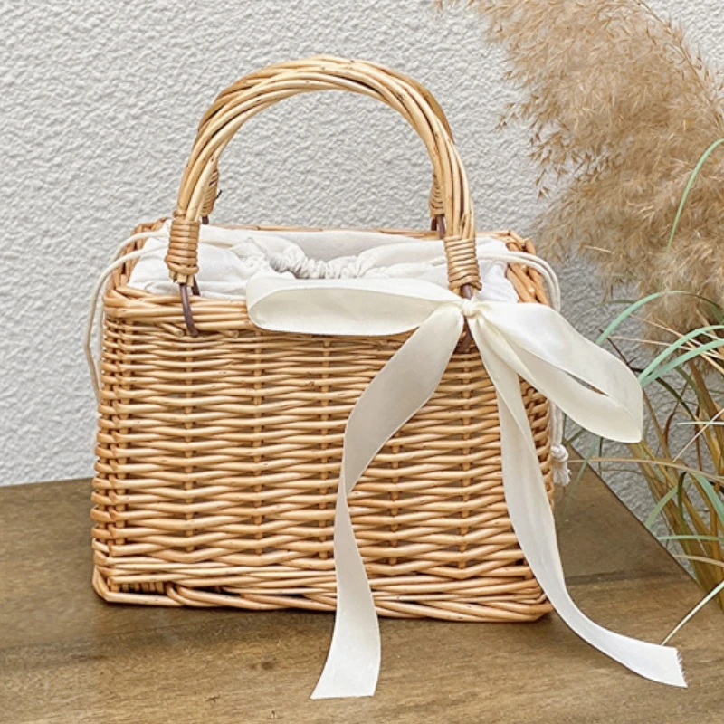 

Ribbon Bow Rattan Woven Square Handbag Fashion Handmade Woman's Summer Travel Vacation Beach Bag Small Totes Bag 2026 New