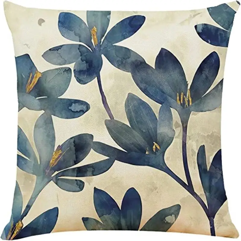 Pillow Covers 18x18 Inch, Blue Flowers Cushion Cover Soft Linen Square Decorative for Living Room Sofa Couch Bed Pillowcases