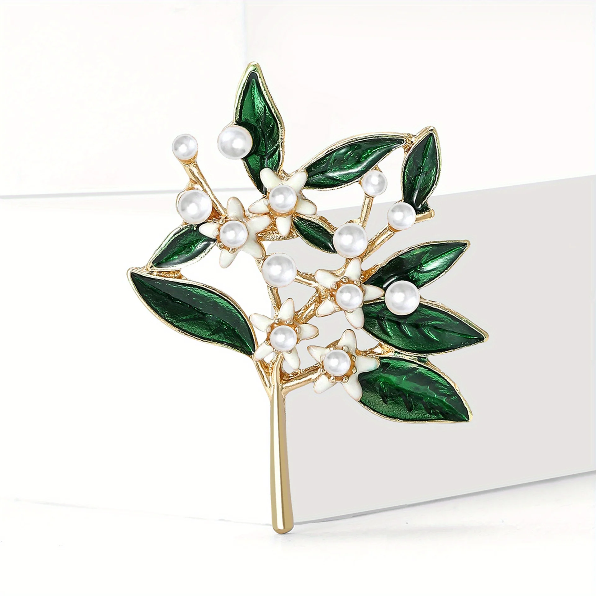 Vintage Emaille Grüne Blatt-Perlen-Blumen-Brosche - Elegantes Einzigartiges Design, Unisex Luxus-Schmuck, Perfektes Urlaubsgeschenk