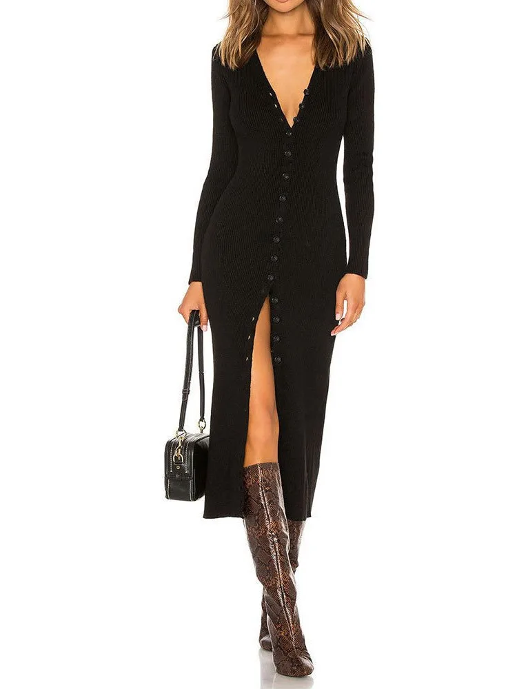 

Sexy V-Neck Knitted Long Dress For Women Fashion Casual Elegant Bodycon Button Solid Color Long Sleeve Party Beach Maxi Dresses