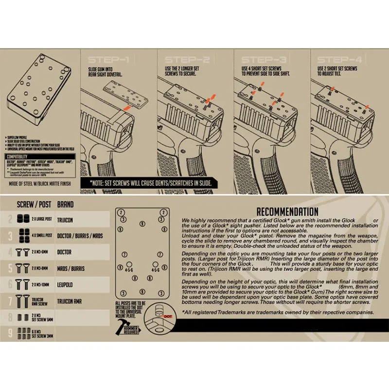 Универсальные аксессуары для прицела с красной точкой Tactics, пригодные для крепления заднего прицела Glock