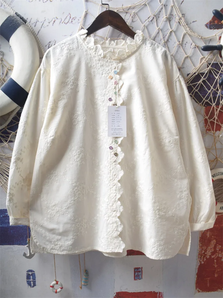 

[Ready Stock] High Quality Women 100% Cotton Yarn Blouse Shirt Loose and lotus leaf collar design long-sleeved ins style top