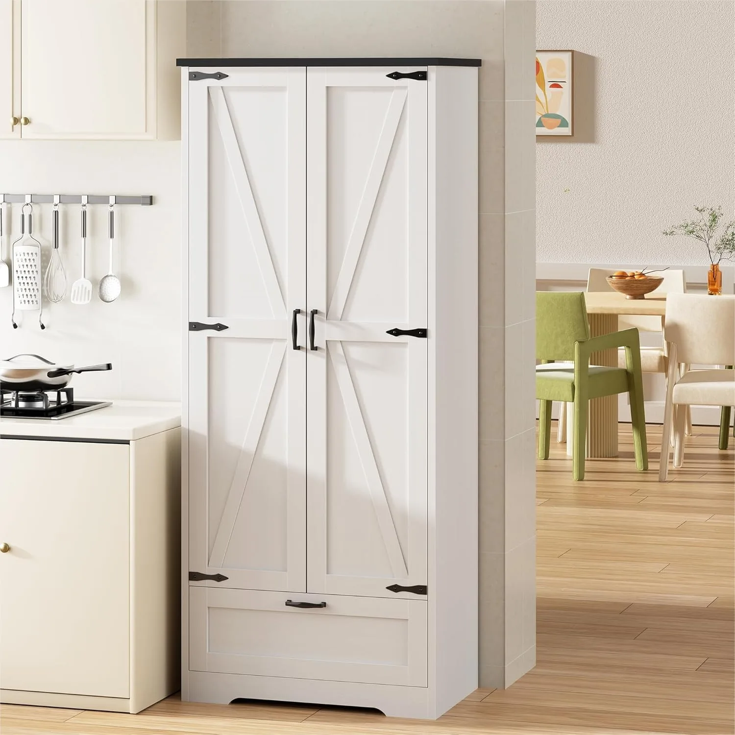 

Freestanding Kitchen Pantry Cabinet with 4 Shelves and Drawer, Tall Storage Cupboard for Kitchen, Living Room, Dining Room and