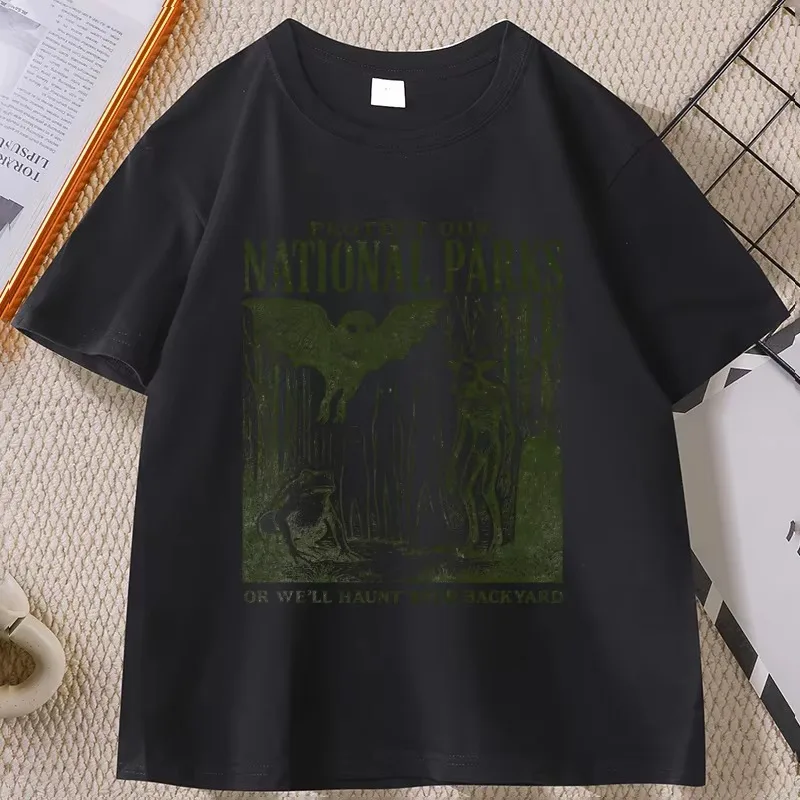 Beige Halloween T‑Shirt Protect Our National Parks Spooky Forest Creatures Ghost Bat Monster Retro Graphic Print Casual Short