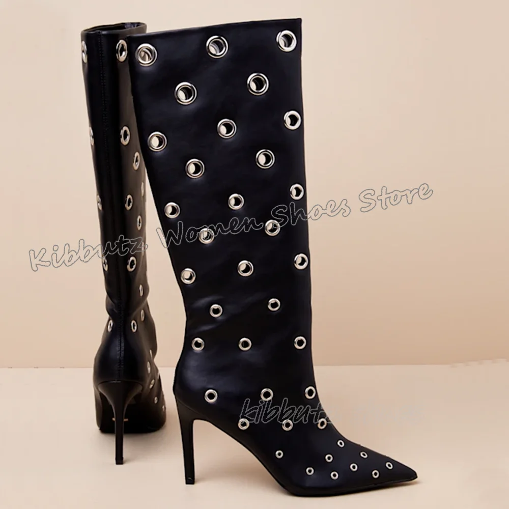 

Metal Decor Hollow Modern Boot Knee High Genuine Leather Solid Color Slip-On Fashion Elegant Novelty Women Shoes New Pointy Heel