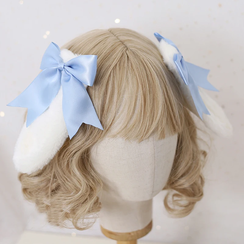 Orecchie da donna in peluche orecchie da coniglio coniglio Clip di capelli orecchie da coniglio Kawaii forcina colore caramella nastro Bowknot Lolita accessori per capelli Cosplay