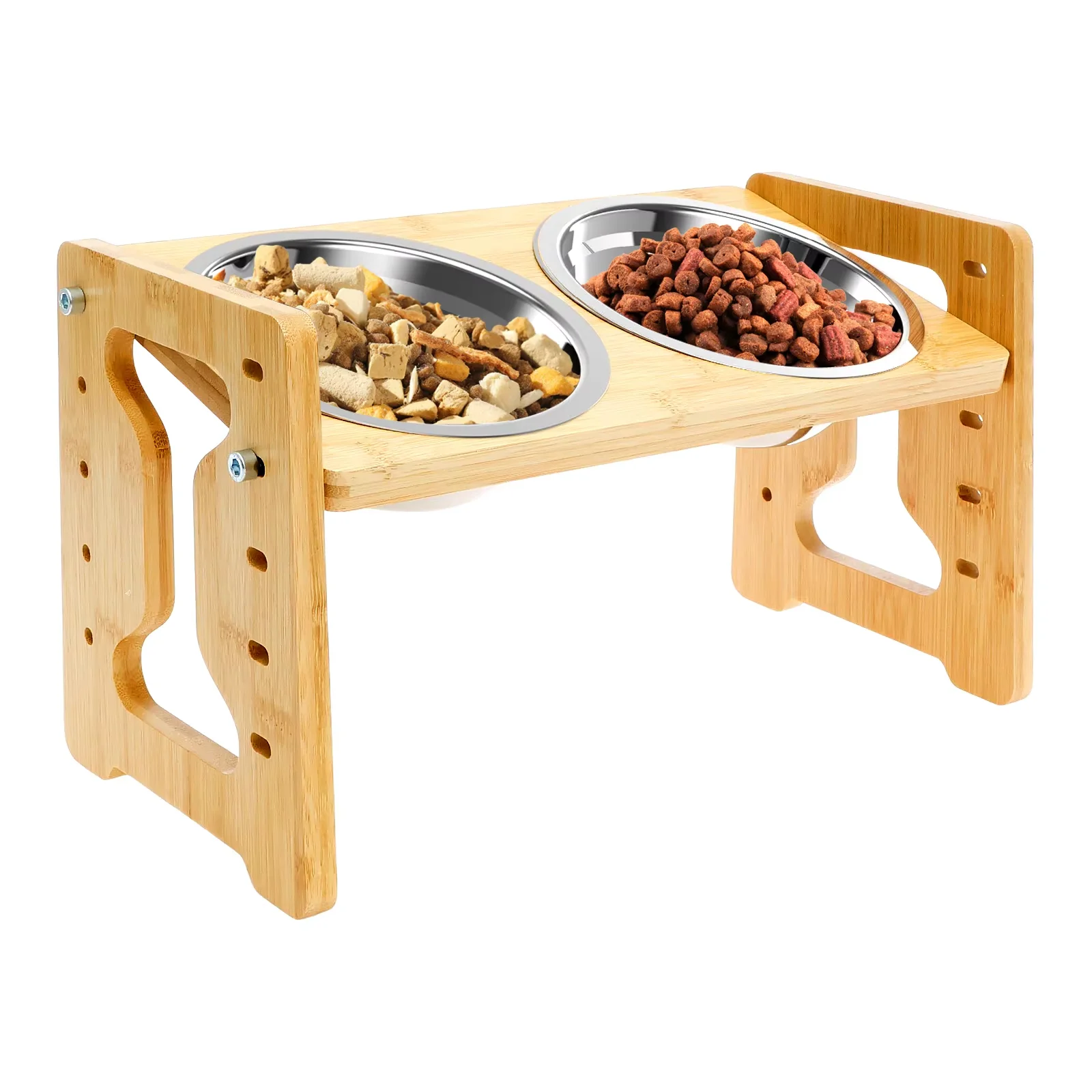 Erhöhter Futterständer aus Holz für Hunde und Katzen, verstellbar, mit zwei erhöhten Edelstahlschüsseln 15 ° Neigbarer Rutschfester Futter- und Wassernapf für Haustiere – Detail 7