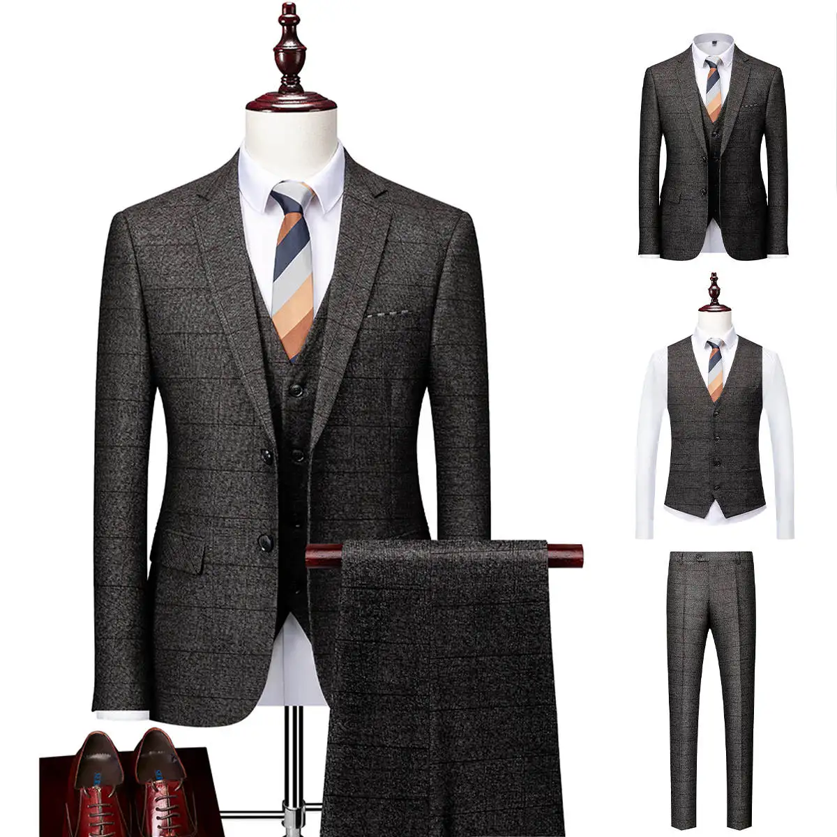 

Modern Design 3 Pieces Men Suit Grey British Plaid Wedding Tuxedos Customized Fit Party Suits Handsome Formal Coat Pant Vest