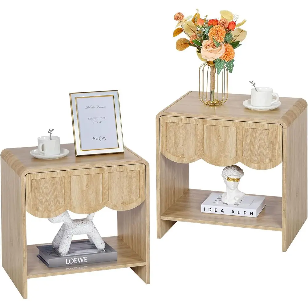 

Mid-Century Modern Wood Nightstands Pair, Wave Panel Design, Bedside End Tables for Small Spaces, Living Room - Natural Finish