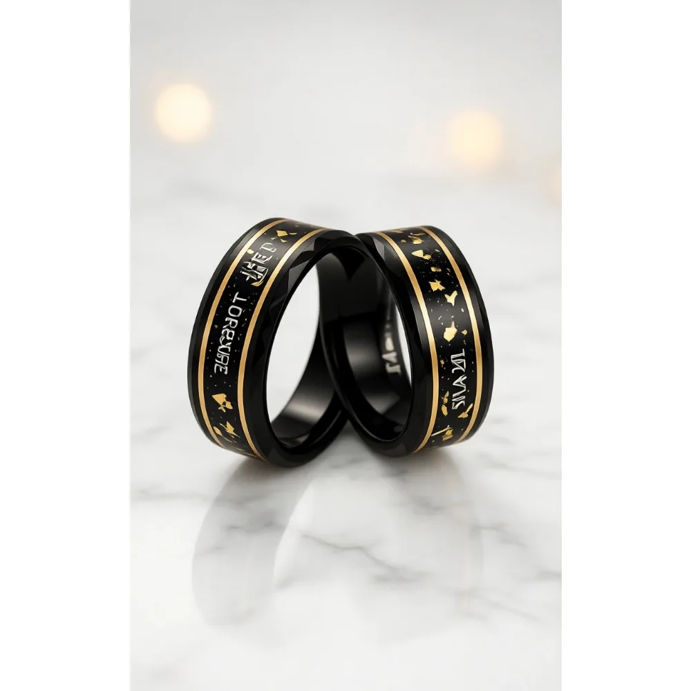 

Обручальное кольцо из карбида вольфрама с золотым покрытием 8 мм, с полированной граненой кромкой, инкрустацией из черной дино-кости, комфортная посадка, размеры 7-13